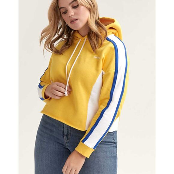 Levi's Womens Yellow Colorblock Cotton Blend Crop Sweatshirt Shirt Hoodie Top L - Picture 1 of 11